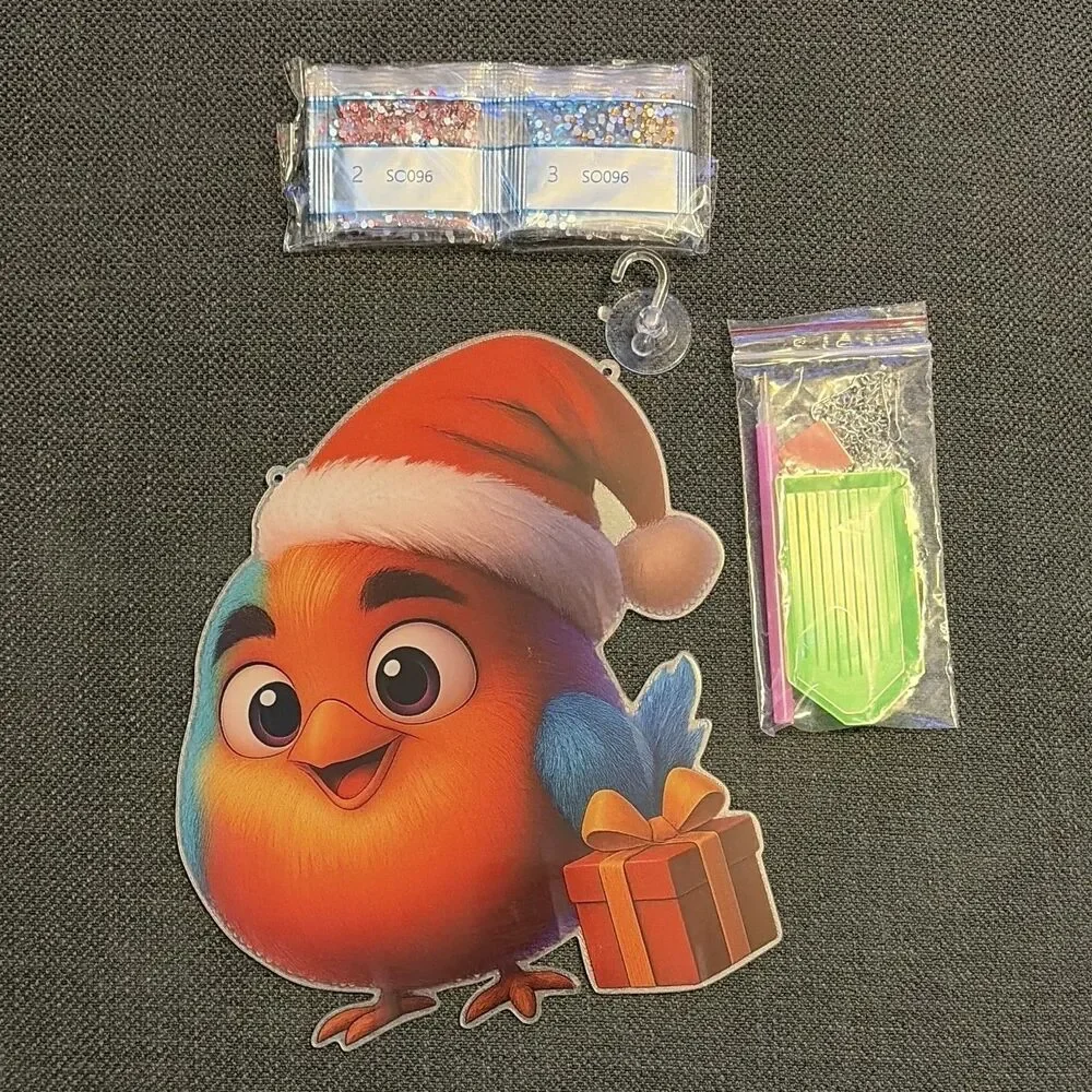 Diamond Art DIY Ornament Kit Christmas Bird w/ Santa Hat & Gift, SOGJ096